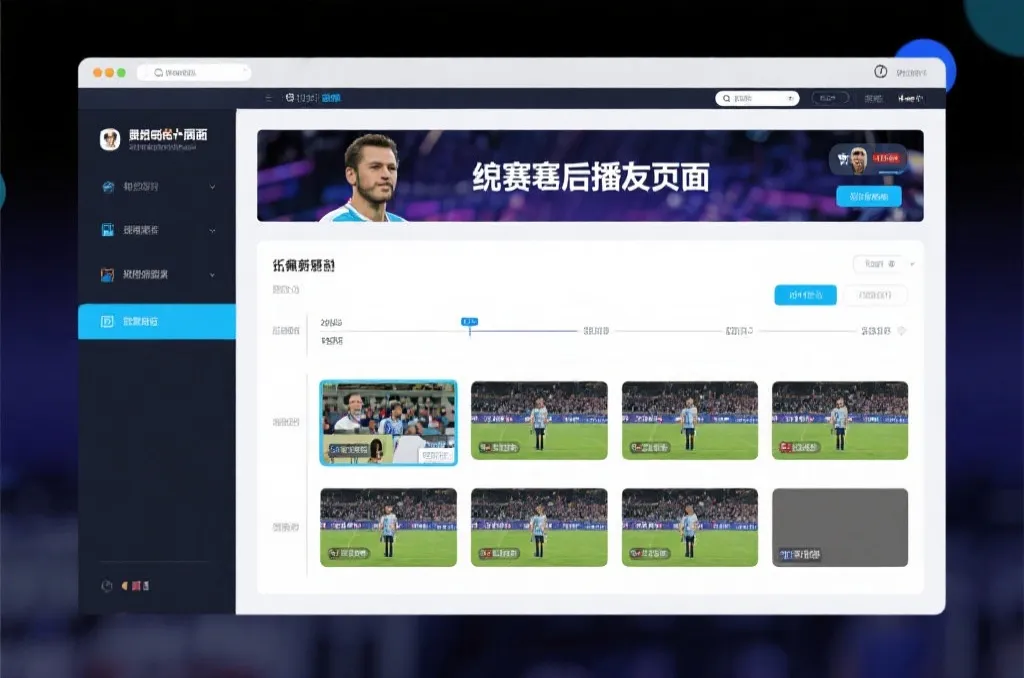 比赛结束后，电视屏幕展示集锦回放页面，旁边有时间轴和多角度切换提示